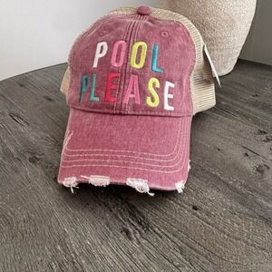 Pool Please Hat KatyDid Pink Trucker Distressed Mesh Snapback Cap NWT Boutique